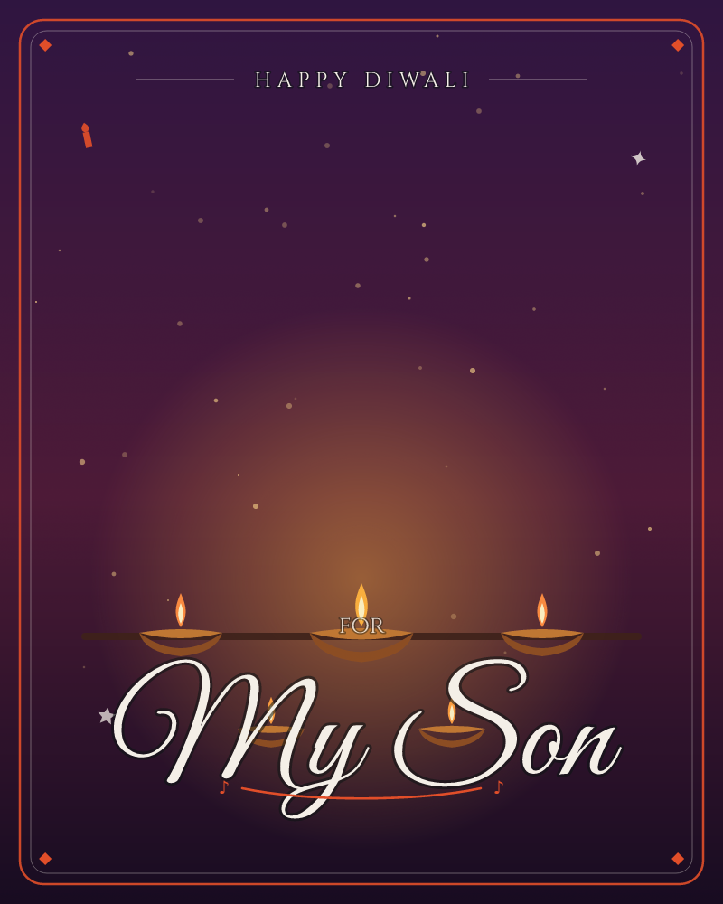 A row of small clay diya lamps burning along a dark ledge, their flames throwing a warm amber glow into a deep plum night, a diwali e-card design