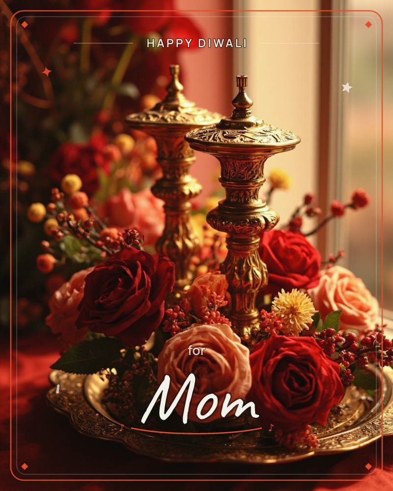 An ornate pair of engraved brass candlesticks rises from a bed of red and blush roses, arranged on a matching brass tray beside a sunlit window, a diwali e-card design
