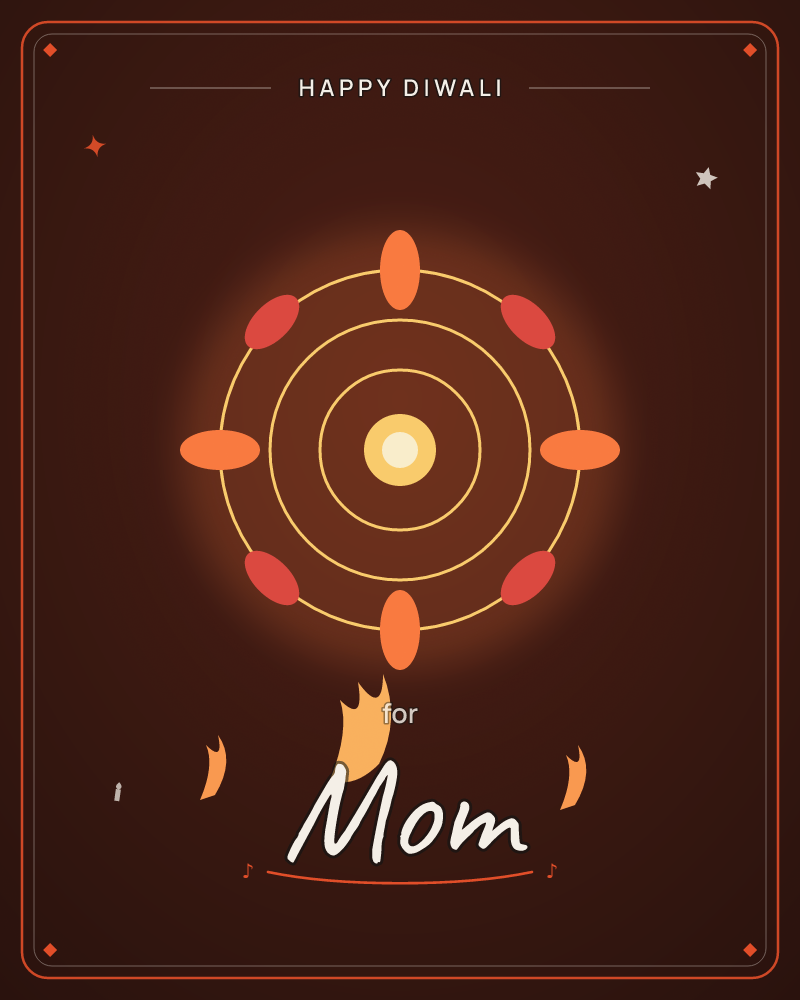 A glowing wheel of concentric rings burns against a deep maroon-black background, ringed by eight petal-like ovals in orange and red that pulse outward…, a diwali e-card design by @DittyCityTeam