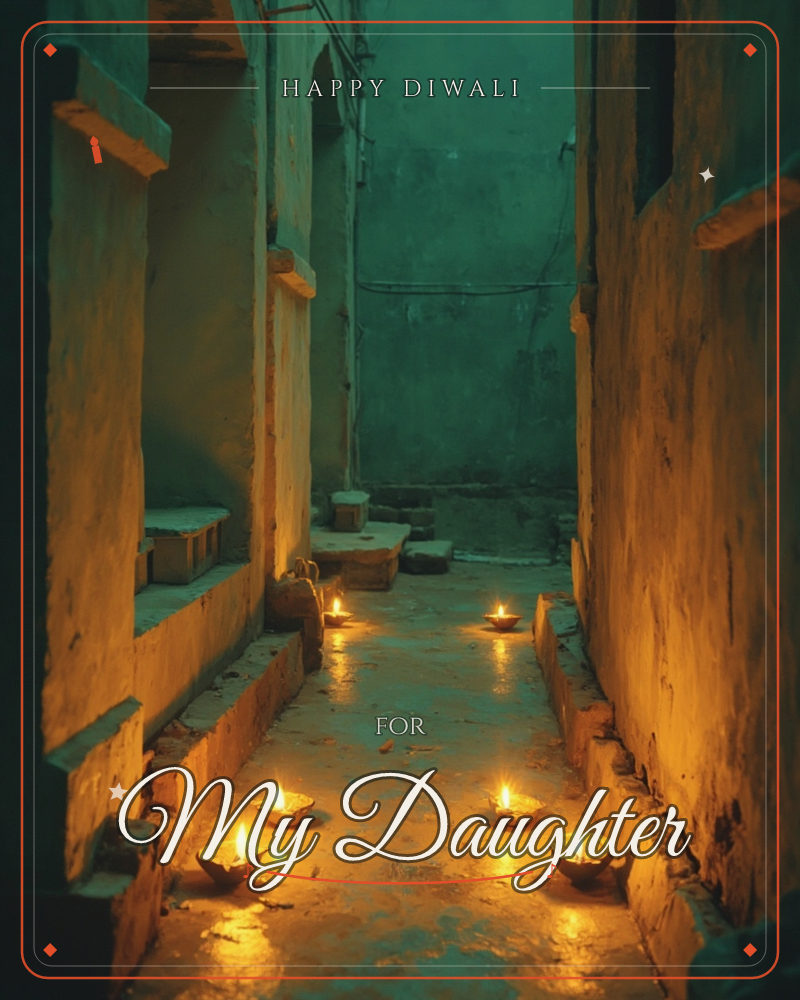 A narrow stone alleyway glows teal-green in the dusk, lined with small clay oil lamps flickering along its worn steps and walls, a diwali e-card design