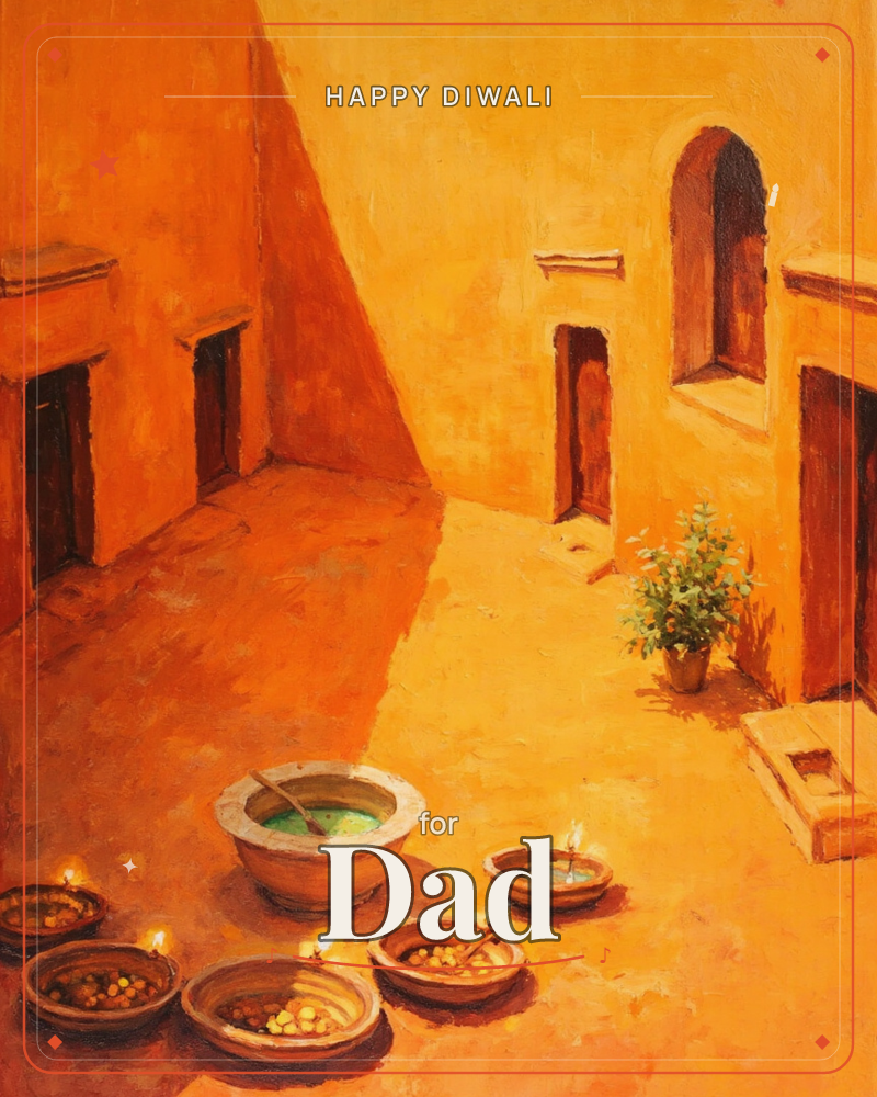 A sun-baked adobe courtyard glows amber and orange, its walls cut with dark arched doorways and a small potted plant standing near a stone step, a diwali e-card design