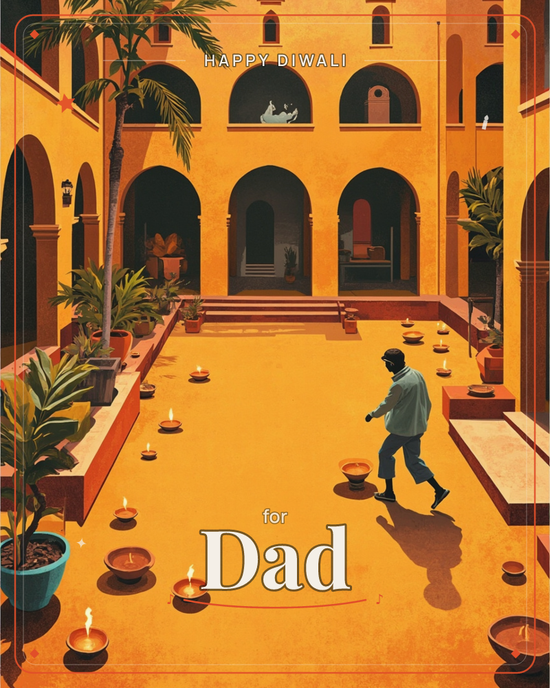A sunlit courtyard glows in warm ochre, its arched colonnades framing potted palms and ferns along the edges, a diwali e-card design