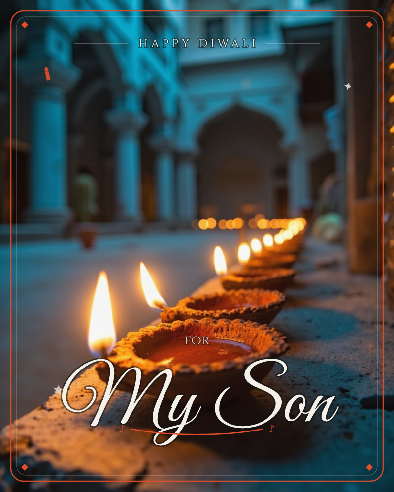 A line of small clay oil lamps flickers along a stone ledge, their orange flames trailing off into soft bokeh toward a dim, arched courtyard behind, a diwali e-card design