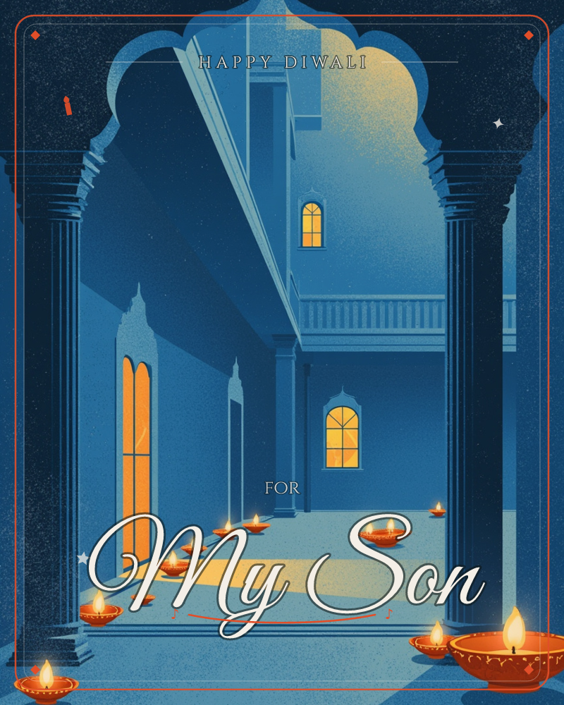 A moonlit courtyard glows deep blue beneath a scalloped archway, its stone columns framing a quiet passage lined with lit clay diyas, a diwali e-card design