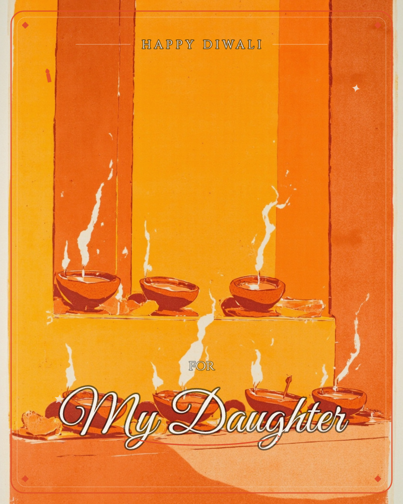 A row of small clay diyas sits on two ledges, each flame sending up a curl of white smoke against bold orange and rust stripes, a diwali e-card design