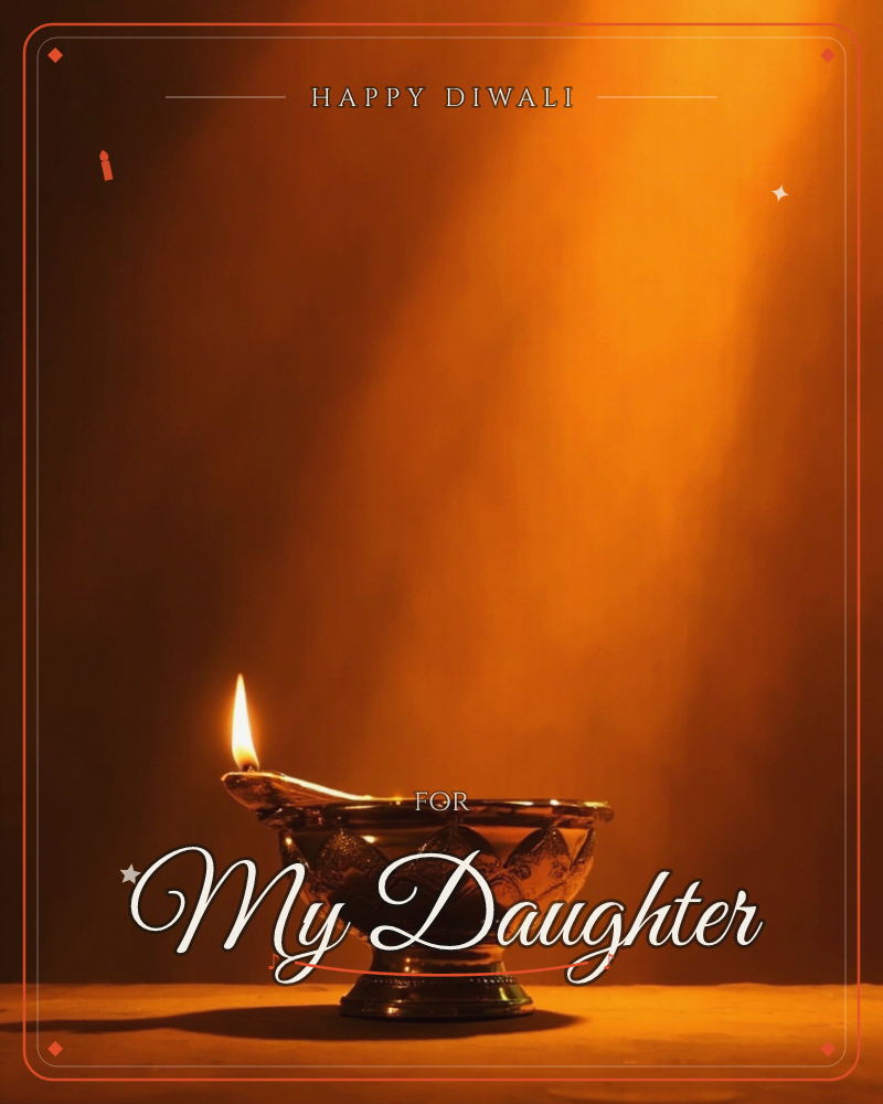 A single brass oil lamp sits on a dark surface, its flame flickering upward as warm light spills across an amber-brown backdrop, a diwali e-card design