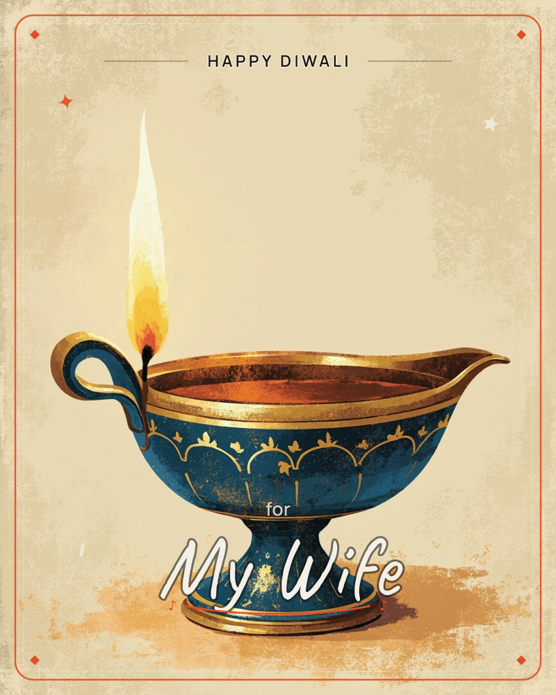 An ornate oil lamp in deep teal and gold sits on a pedestal base, its single flame burning steady from a curved spout against a weathered…, a diwali e-card design
