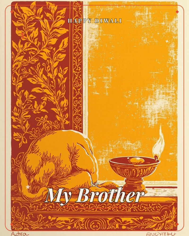 A woodcut-style print shows a curled-up dog resting beside a lit oil lamp on a windowsill, framed by a richly patterned border of climbing leaves and…, a diwali e-card design