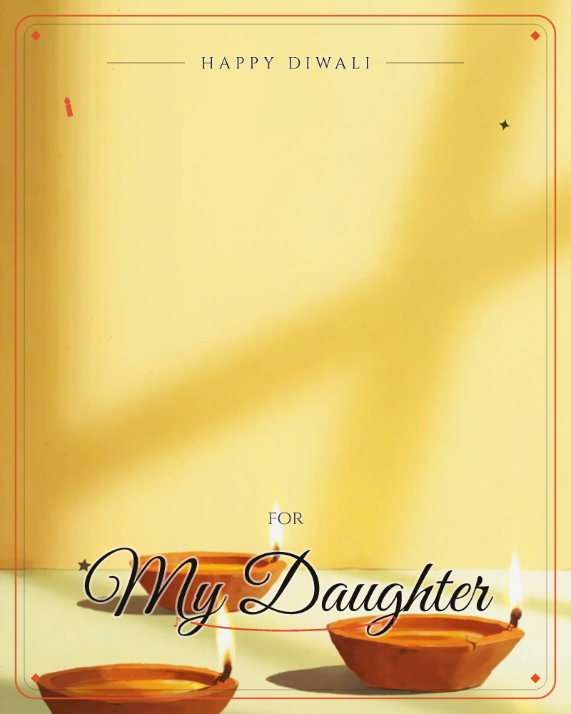 Three small clay diyas sit lit against a warm mustard-yellow wall, their flames flickering upright as soft window-light casts long diagonal shadows…, a diwali e-card design