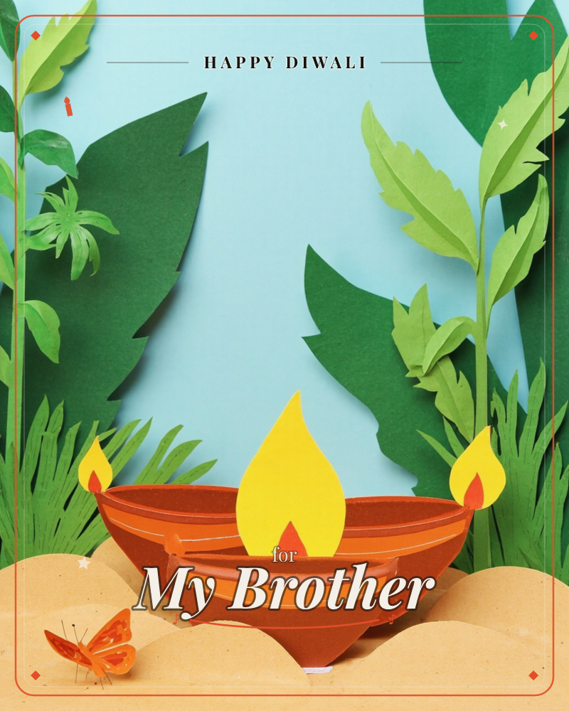 A paper-craft diorama shows terracotta oil lamps with tall yellow paper flames set on sandy dunes, framed by tropical leaves cut from layered green…, a diwali e-card design
