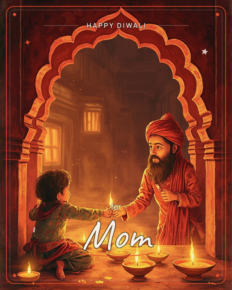 Beneath a carved scalloped archway, a man in a red turban leans down to hand a lit diya to a small child seated among rows of glowing oil lamps, a diwali e-card design