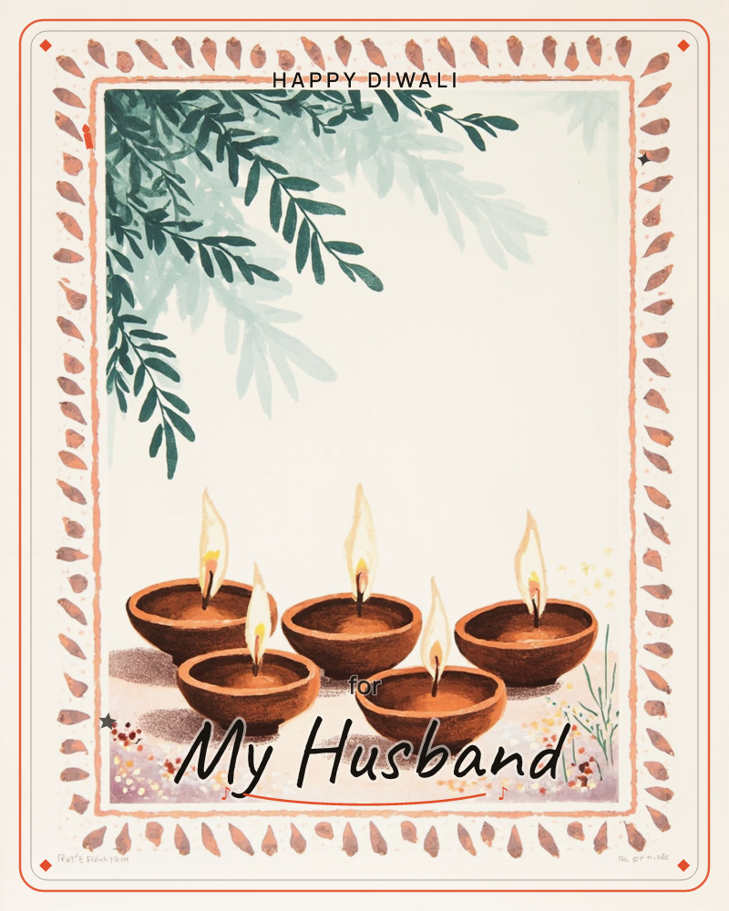 Five terracotta diyas glow with tall golden flames along the bottom of the card, set against a pale cream background with a soft overhanging spray of…, a diwali e-card design
