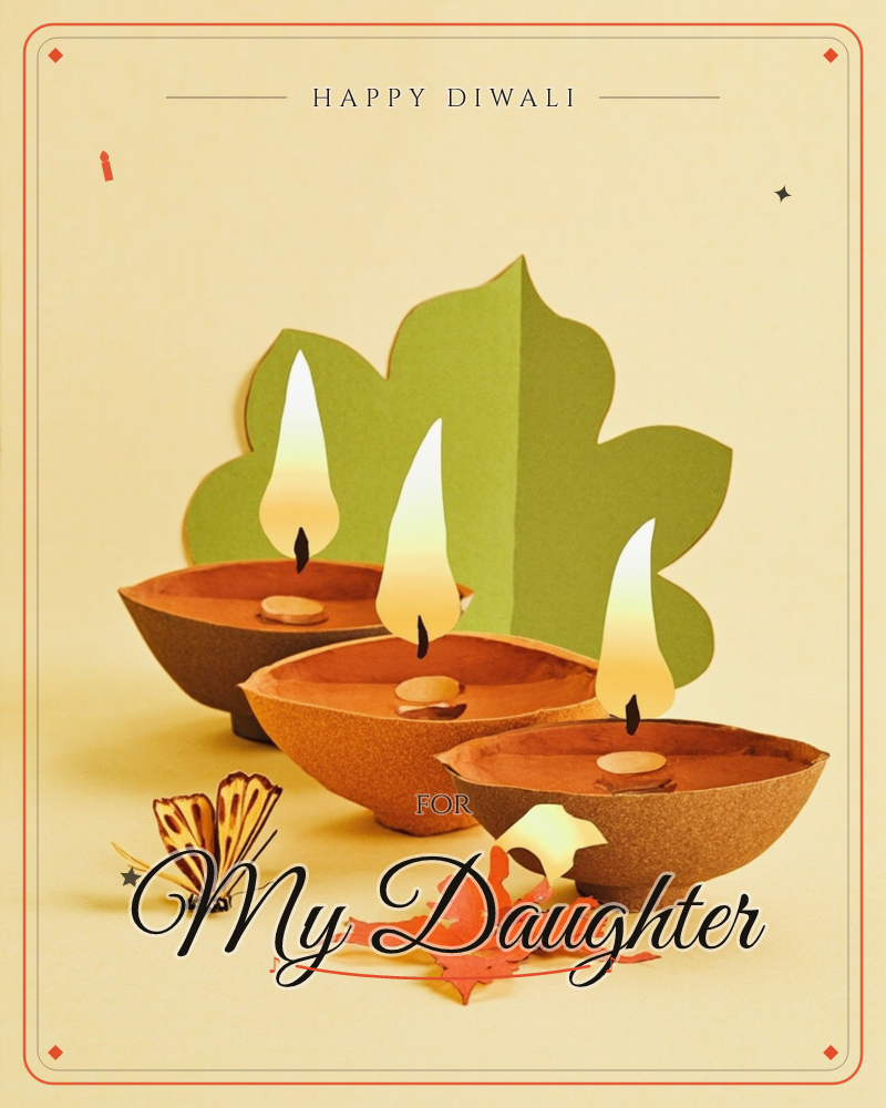 Three paper-craft clay lamps glow with tall painted flames, arranged in a cluster against a scalloped green leaf shape on a soft yellow background, a diwali e-card design