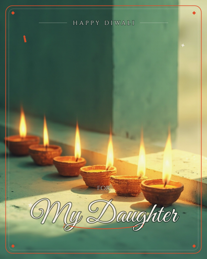 A row of small clay diyas flickers along a whitewashed stone ledge, their flames catching golden light against a weathered teal-green wall, a diwali e-card design