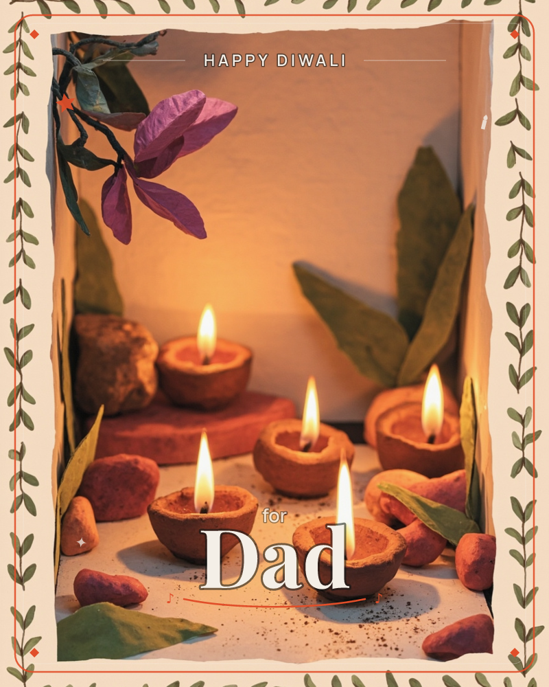 A cluster of small clay diyas glow with warm flames, arranged among scattered stones and dried leaves on a pale sandy surface, a diwali e-card design