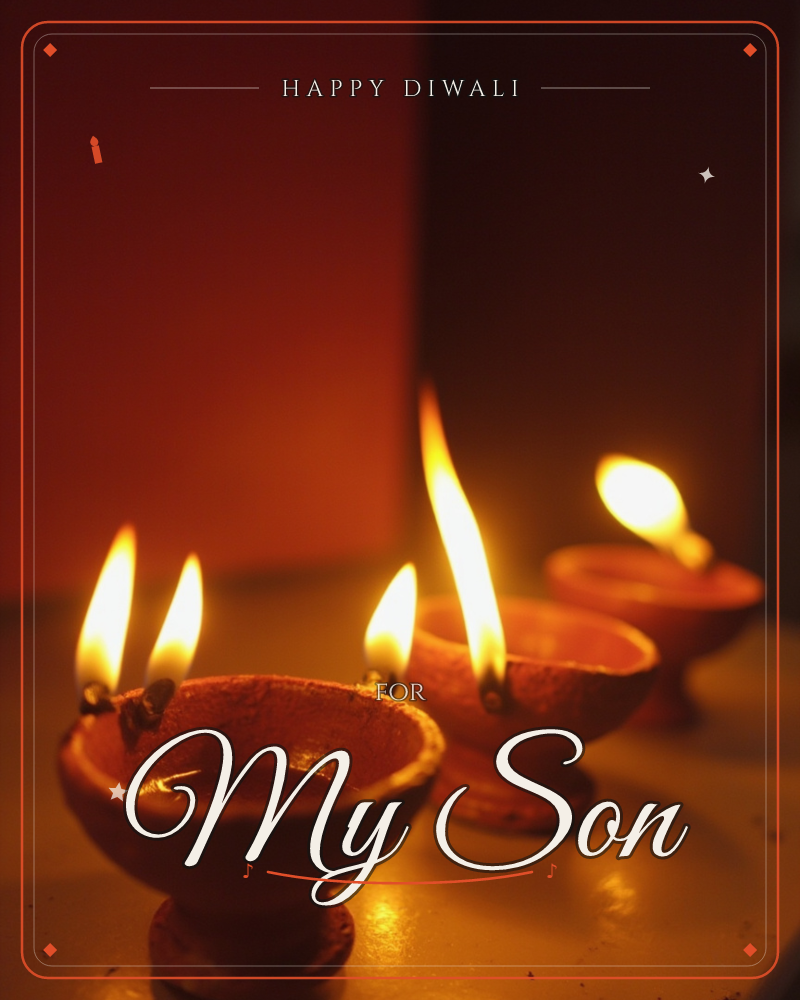 Three small clay diyas glow in a row against a deep red backdrop, their flames flickering bright against the darkness, a diwali e-card design