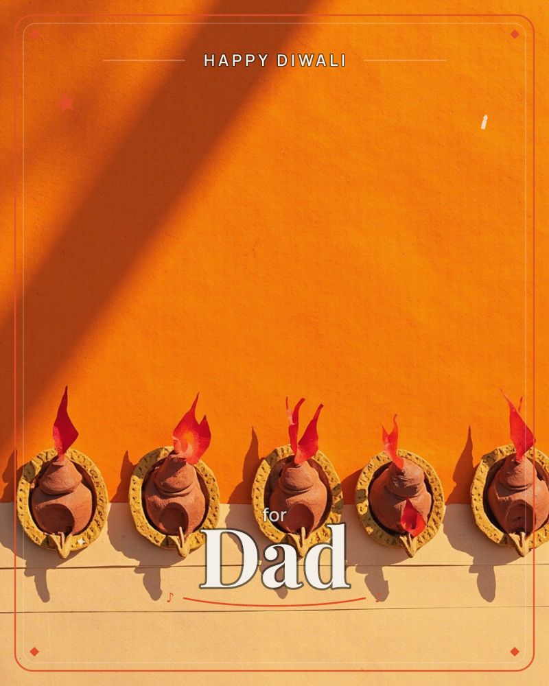 A row of clay diyas with paper flame cutouts lines the base of a bold orange wall, sharp diagonal shadow cutting across the space above them, a diwali e-card design