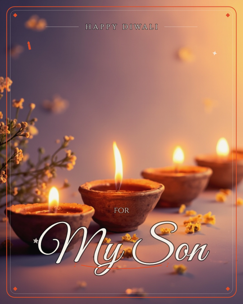 A row of small clay diyas glows along a soft lavender surface, their flames flickering warm and golden against the dusky background, a diwali e-card design