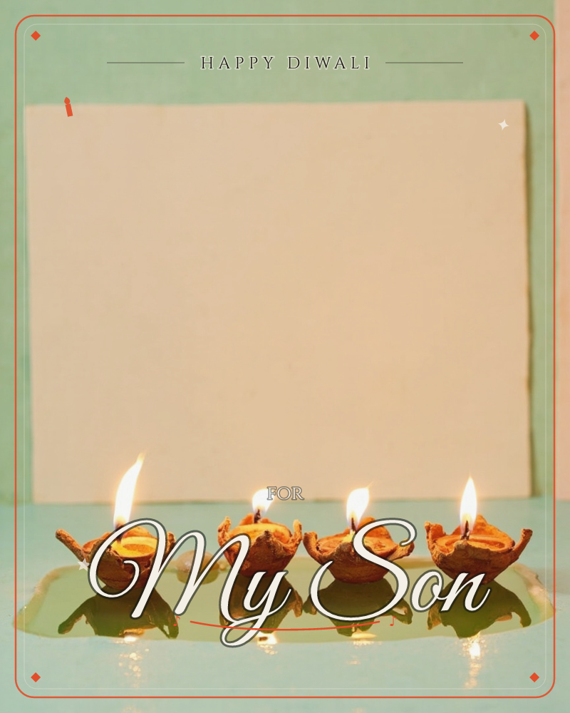 Four small clay diyas sit in a row on a glossy mint-green surface, each flame flickering and mirrored in a soft reflection below, a diwali e-card design