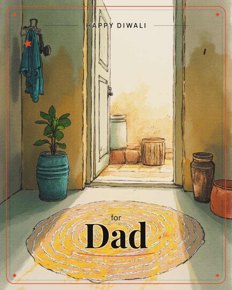 An open front door spills warm golden light across a hallway, falling on a round woven rug in concentric yellow rings, a diwali e-card design