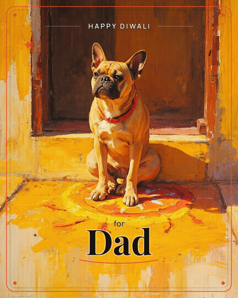 A French bulldog with a red collar sits alert on a sun-bleached yellow doorstep, its paws resting on a faded circular painted rug, a diwali e-card design