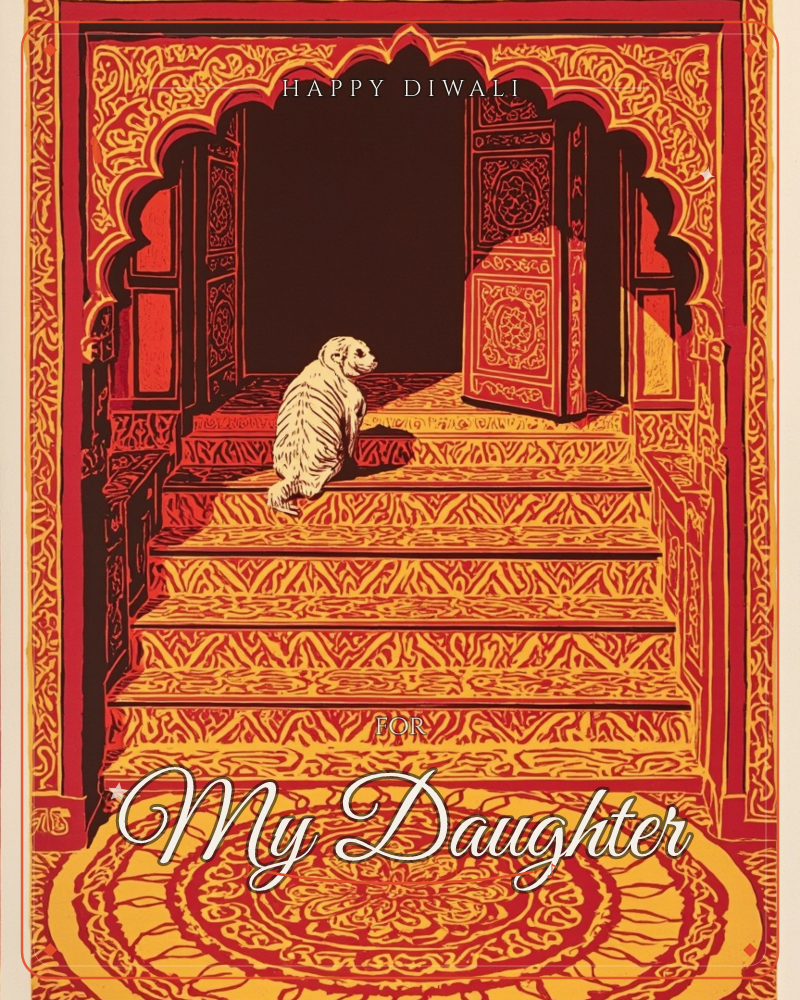 A pale tiger sits mid-step before an ornate open doorway, the whole scene rendered in dense red-and-gold patterning like a carved palace gate, a diwali e-card design