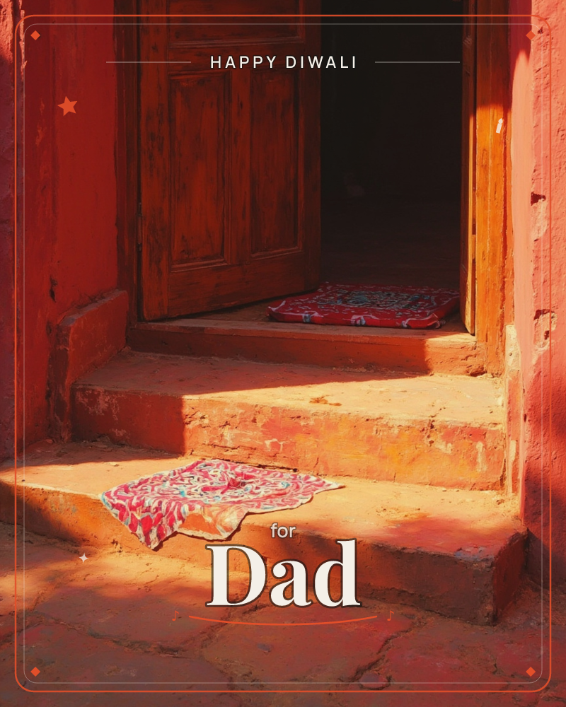 A weathered wooden door stands ajar in a sun-baked terracotta-red wall, its stone steps worn smooth by years of footsteps, a diwali e-card design