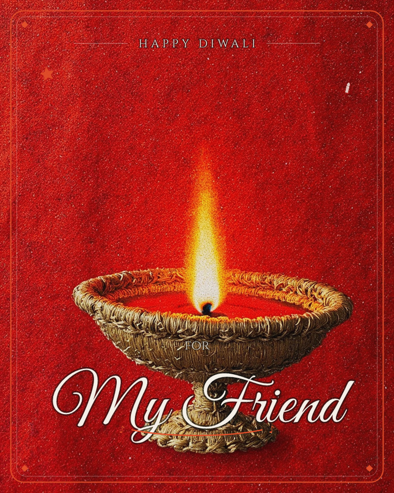 A single clay diya with a woven, rope-textured rim sits on a footed base against a deep red, sparkling background, a diwali e-card design