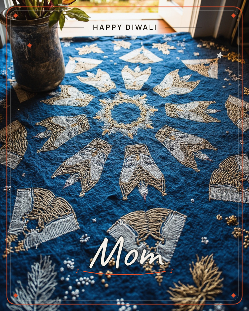A navy fabric runner embroidered with a radiating sunburst of gold and silver beaded petals lies across a sunlit doorway threshold, a weathered metal…, a diwali e-card design