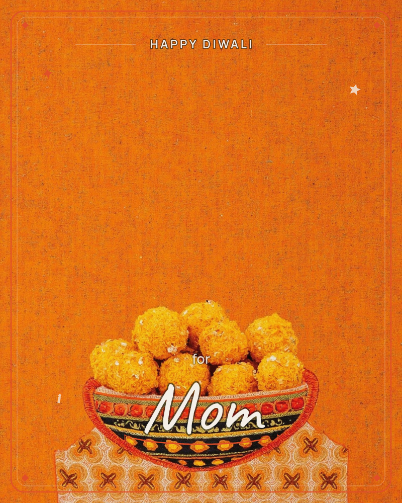 A textured bowl decorated with red, black and floral patterns overflows with golden ladoos, set against a rich, textured orange background, a diwali e-card design