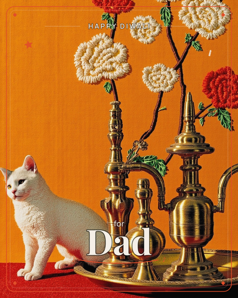 A white cat sits alert beside an ornate brass tray crowded with candlesticks and vessels, embroidered branches of red and cream chrysanthemums rising…, a diwali e-card design