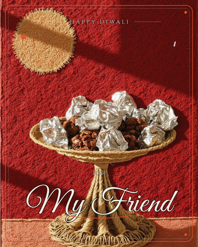 A woven straw pedestal dish sits against a deep red textured wall, piled with silver foil-wrapped sweets and small chocolate truffles, a diwali e-card design