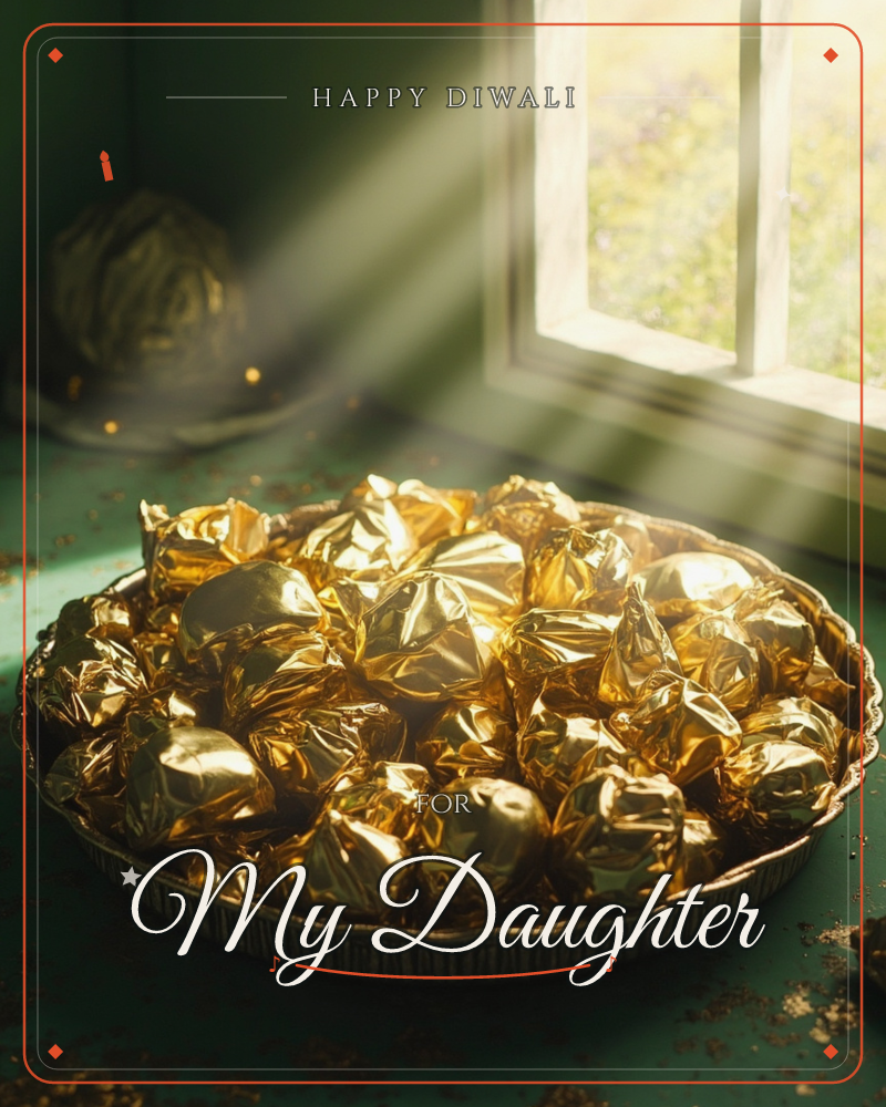 A dish piled high with gold foil-wrapped sweets sits on a weathered teal ledge, catching a shaft of hazy sunlight streaming through an old window, a diwali e-card design