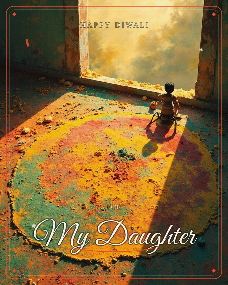 A child sits cross-legged at the edge of a large circle of scattered coloured powder, turquoise, gold and rust, spread across a weathered floor…, a diwali e-card design