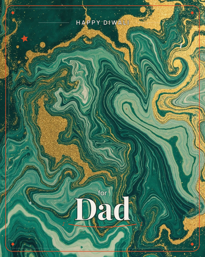 A swirling marbled pattern fills the whole card, emerald and jade greens folding into each other like agate stone, with veins of gold glitter tracing…, a diwali e-card design