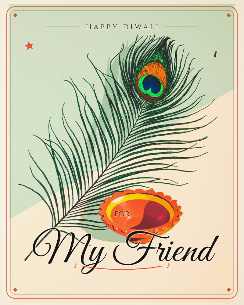 A single peacock feather stretches diagonally across a soft mint and cream background, its eye rendered in bold rings of orange, green and blue against…, a diwali e-card design