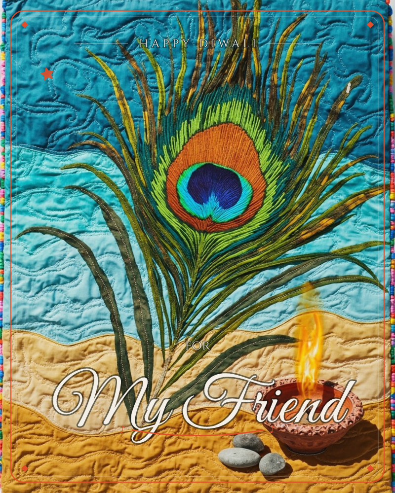 A quilted textile artwork shows a single peacock feather rising against layered bands of turquoise sky and sandy earth, its iridescent eye stitched in…, a diwali e-card design