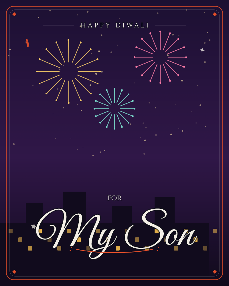 Fireworks opening in gold, pink and turquoise above a dark skyline of rooftops with lit windows, a diwali e-card design
