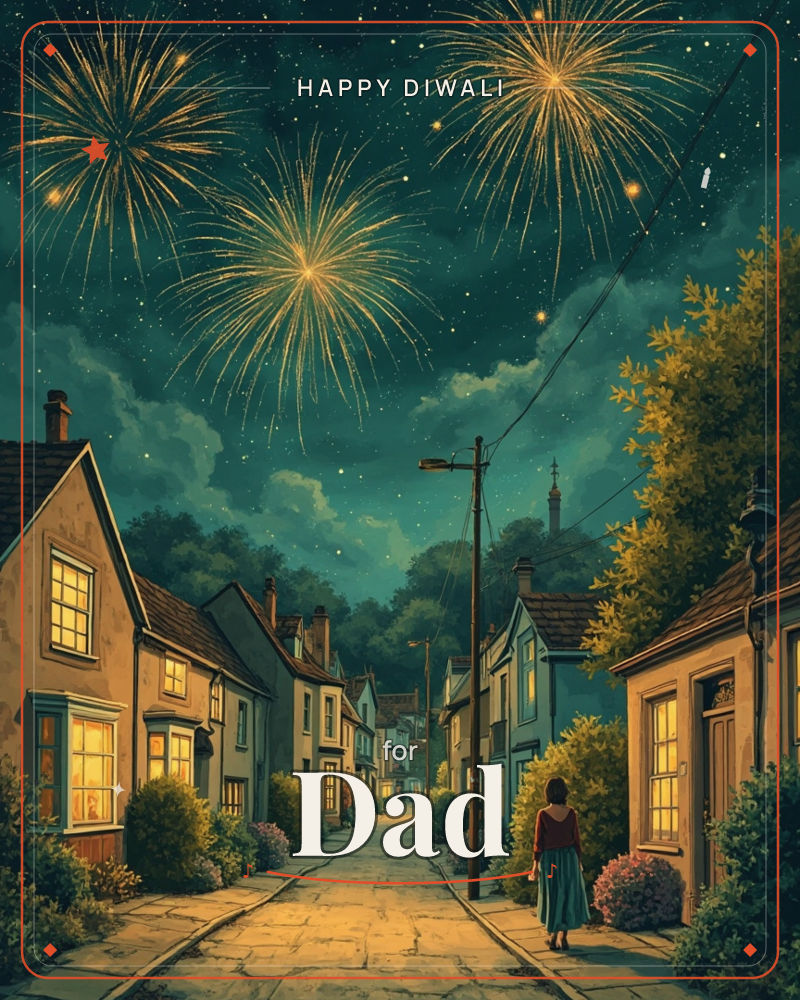 A cobbled village street glows under a deep teal sky as golden fireworks burst overhead, a diwali e-card design