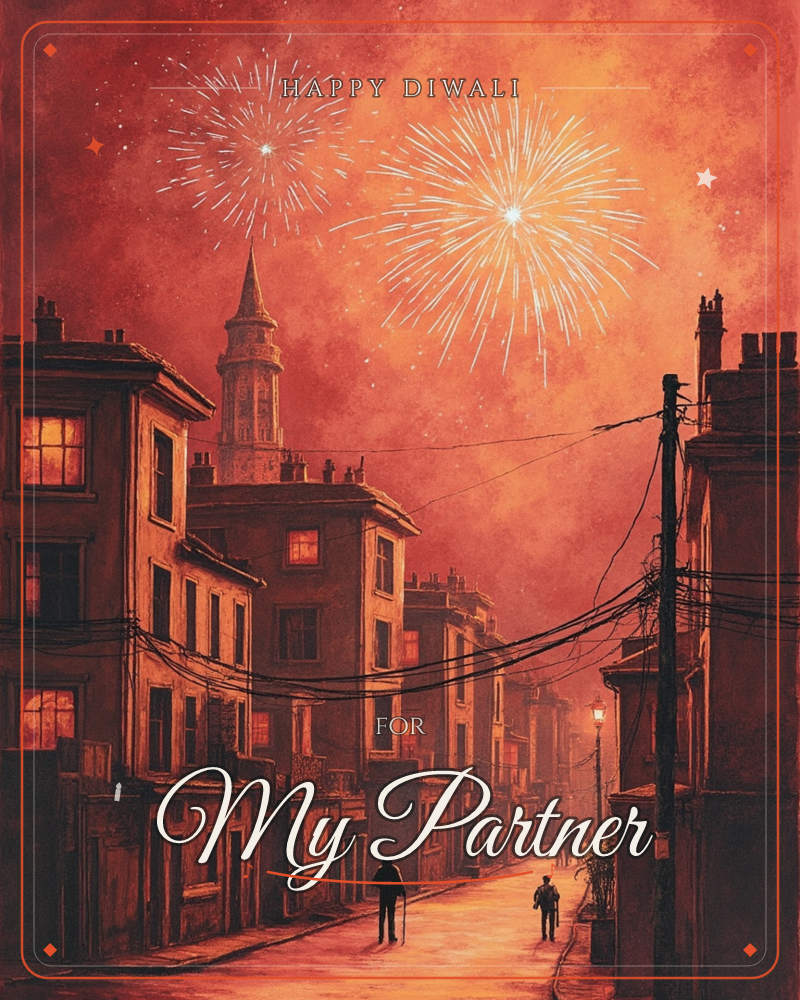A narrow old-town street glows amber and crimson as fireworks burst over a slender church spire in the distance, a diwali e-card design