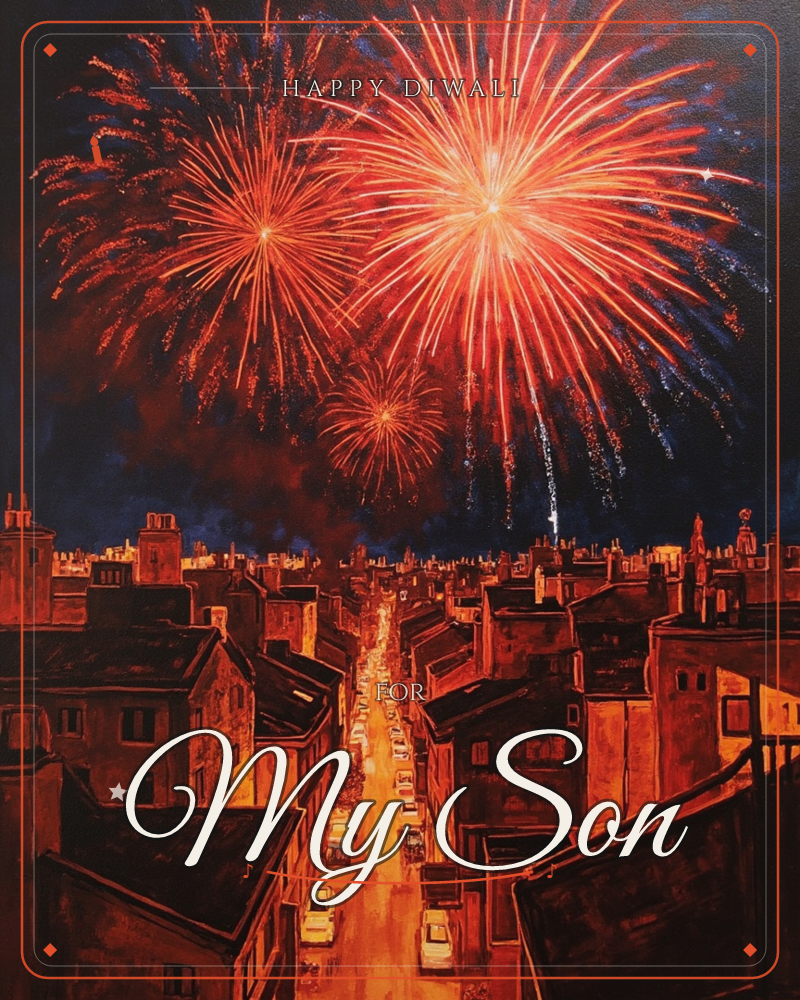 Fireworks burst in fiery red and gold over a dense row of chimney-topped rooftops, lighting the night sky above a narrow street lined with parked cars, a diwali e-card design