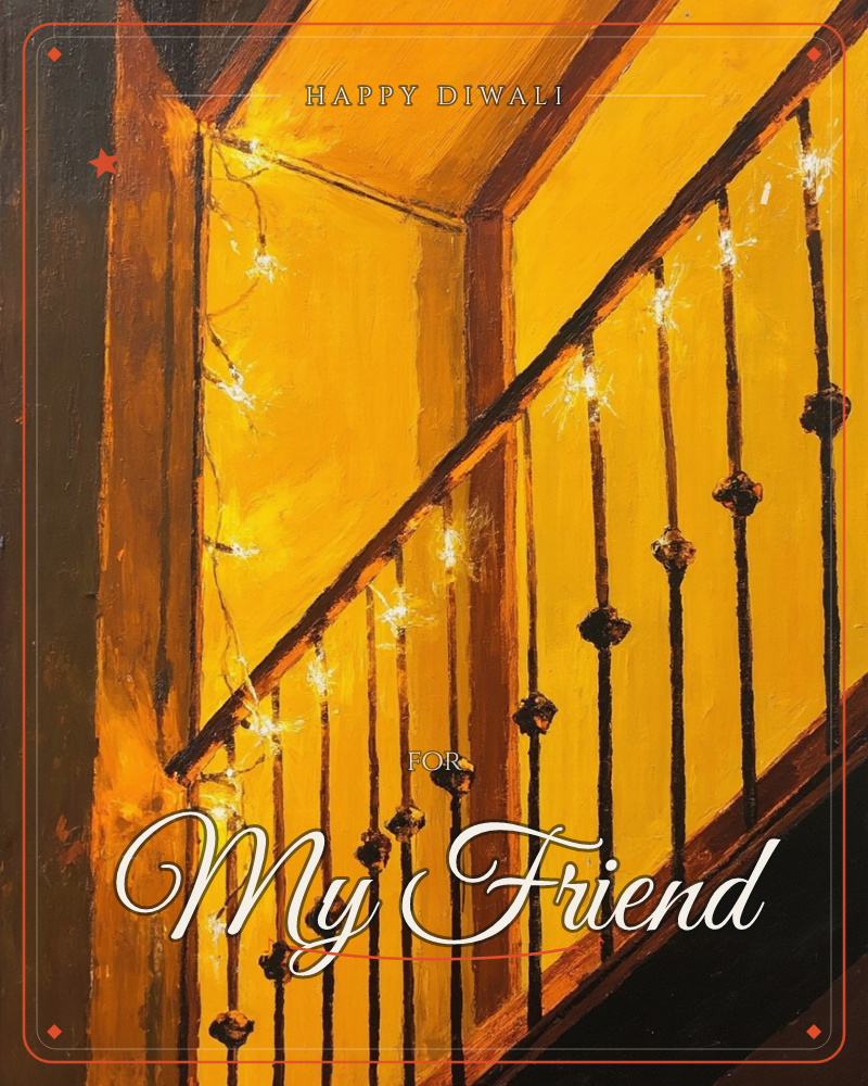 A wooden staircase banister glows amber under warm interior light, its dark iron balusters strung with a loose garland of twinkling fairy lights, a diwali e-card design