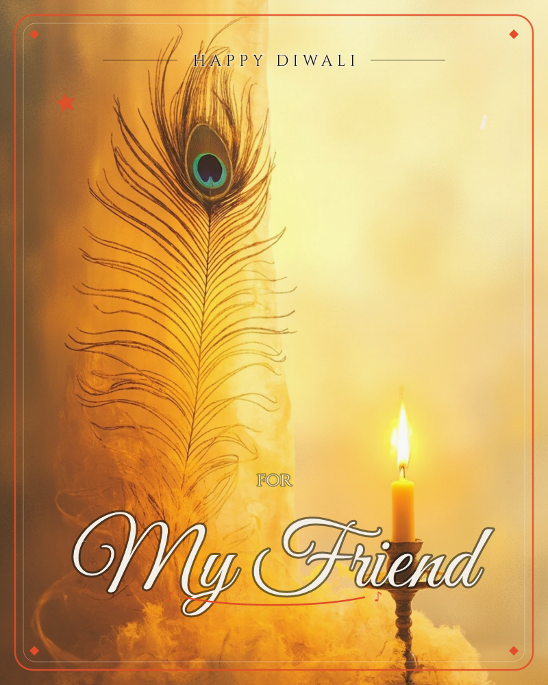 A single peacock feather rises tall against a hazy golden backdrop, its emerald-blue eye glowing softly amid warm mist, a diwali e-card design