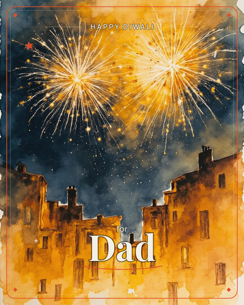 A watercolour night sky glows deep navy above a row of golden rooftops and chimney stacks, as two bursts of fireworks explode overhead in white and…, a diwali e-card design