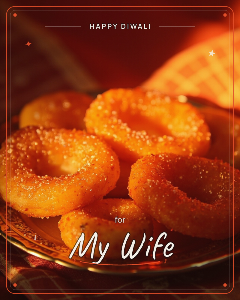 A close-up photograph of golden fried ring doughnuts, sugar-crusted and glowing under warm amber light, piled on an ornate metal plate, a diwali e-card design