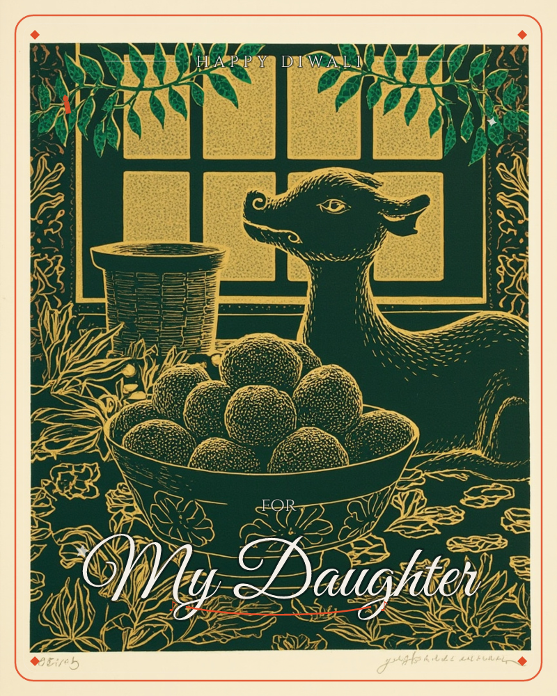 A linocut-style print shows a deer's curved head and neck rising beside a patterned bowl heaped with round fruit, a woven basket set on a windowsill…, a diwali e-card design