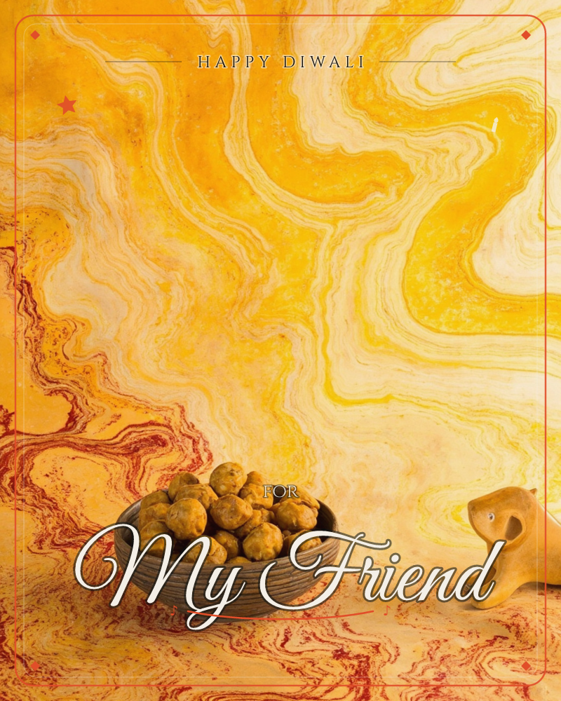 A dark ribbed bowl of small round nuts sits against a swirling marbled backdrop of golds, oranges and rusty reds, with a small yellow ceramic animal…, a diwali e-card design
