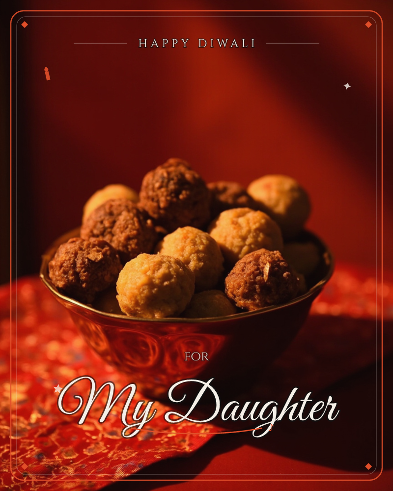 A brass bowl piled with round sweets, some pale and coconut-flecked, others dark and crumbly with cocoa or nuts, sits on a richly patterned red cloth, a diwali e-card design