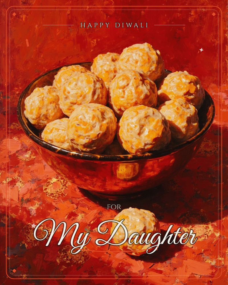 A dark metal bowl heaped with peeled, mottled orange fruit sits on a richly textured red cloth, one piece fallen loose beside it, a diwali e-card design