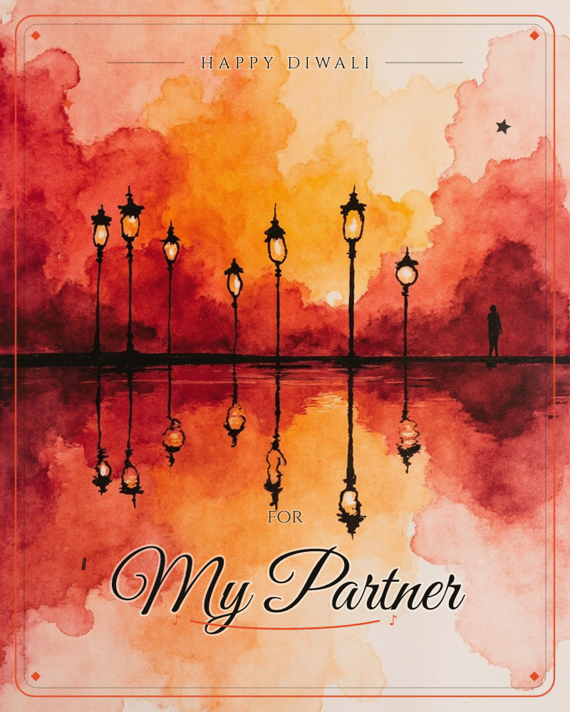 A watercolour sunset burns in bands of crimson, orange and gold, with a row of lit lampposts standing along still water and doubling in reflection below, a diwali e-card design